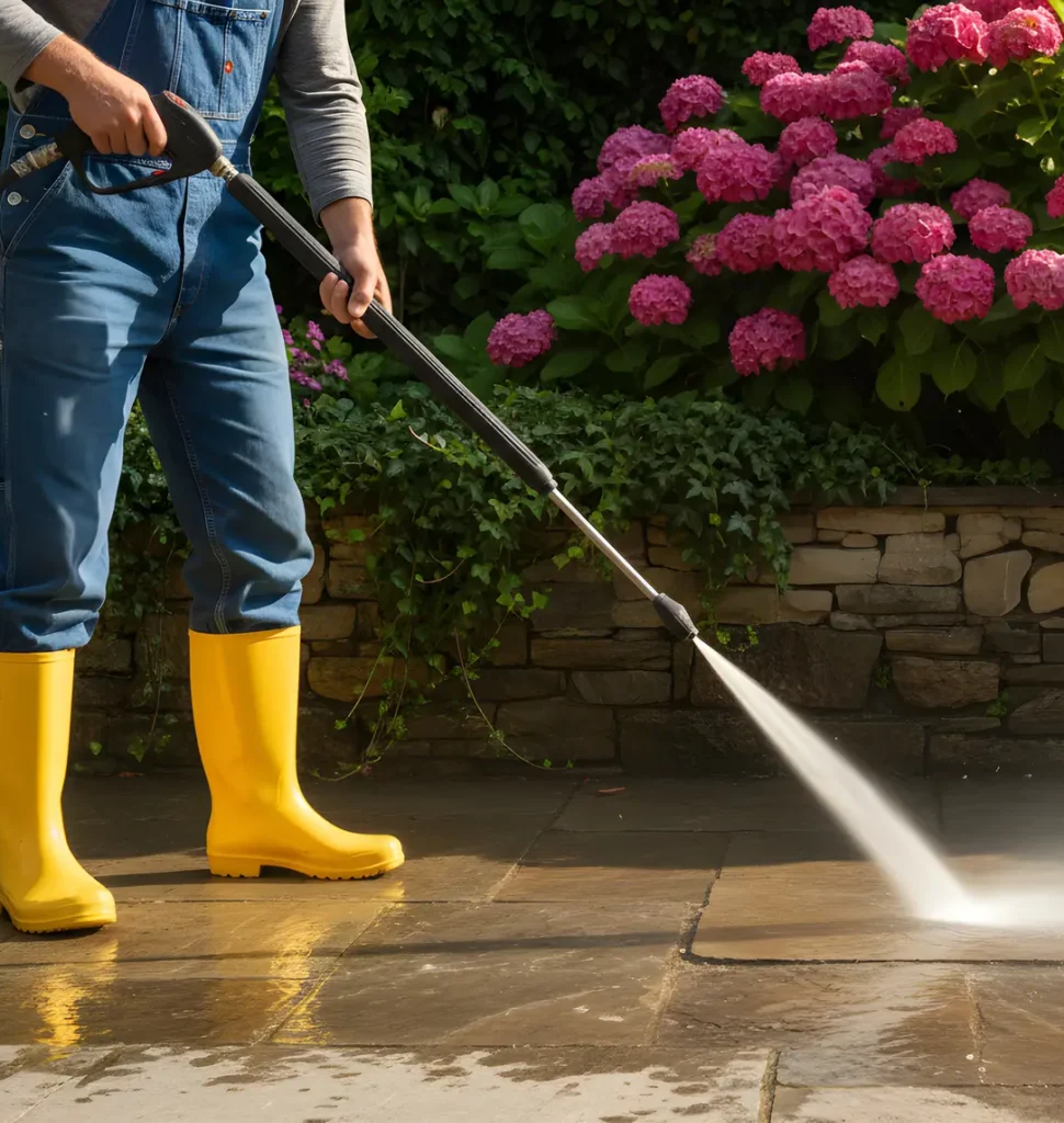 Eine Person mit blauer Latzhose und gelben Stiefeln reinigt den Gehweg mit Wasserstrahl