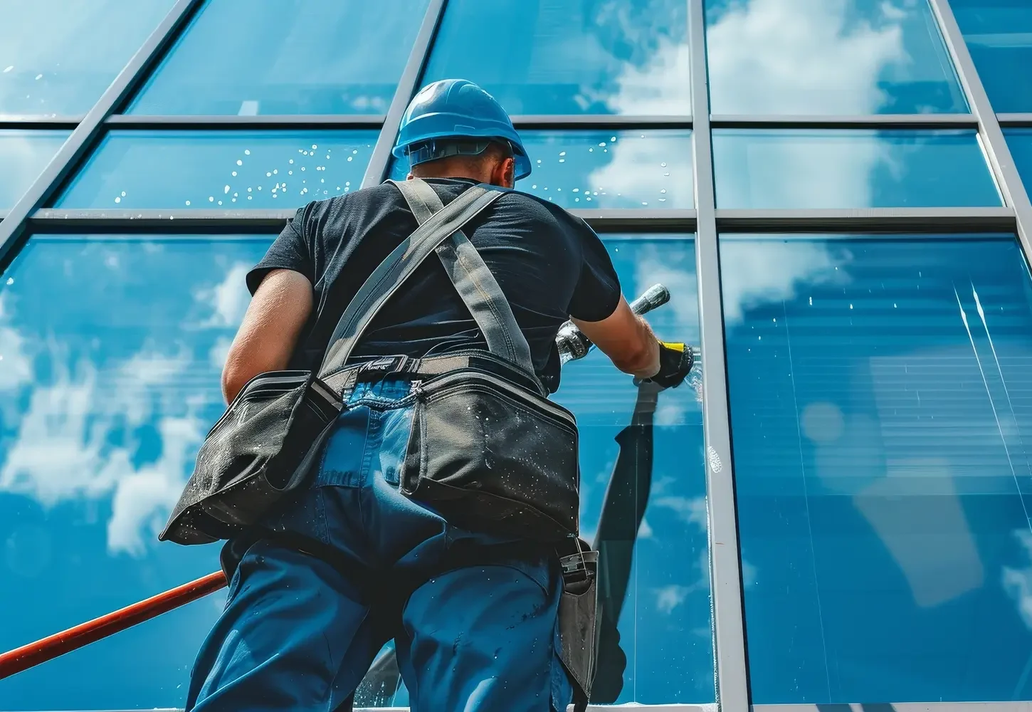 Ein Handwerker mit blauem Helm und Tasche putzt konzentriert große Glasfenster