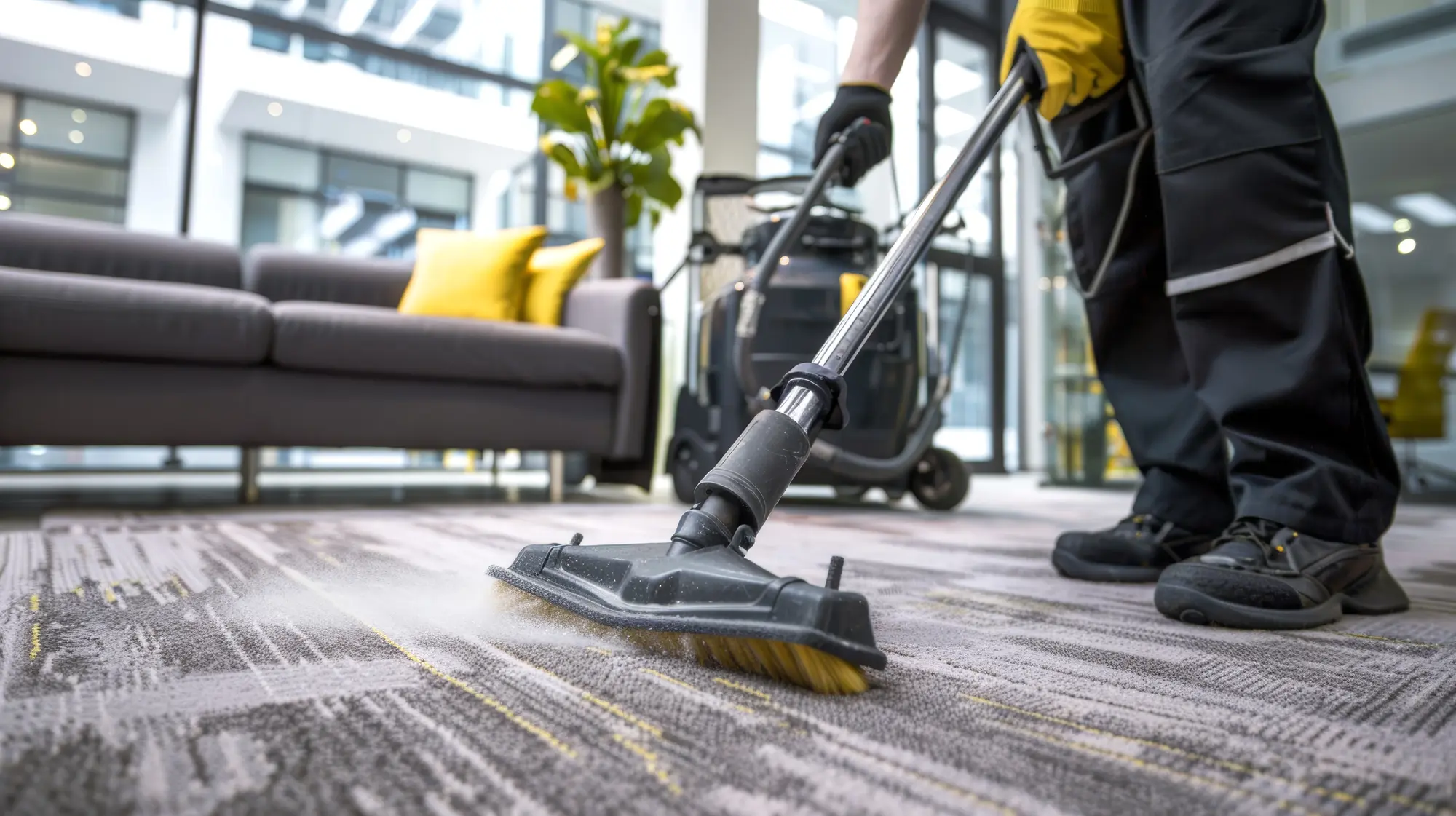 Eine Person mit schwarzer Arbeitskleidung reinigt konzentriert einen grauen Teppich