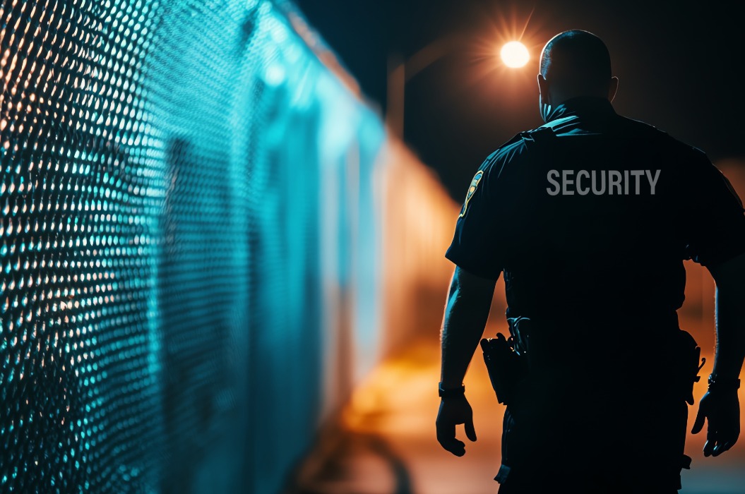 Ein Nachtwächter, der einen beleuchteten Weg entlanggeht und damit Wachsamkeit und Sicherheit im städtischen Umfeld symbolisiert.