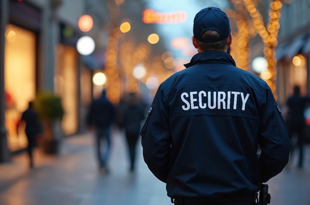 Ein Sicherheitsbeamter patrouilliert nachts durch die Straßen der Stadt, die von festlicher Weihnachtsbeleuchtung erhellt werden. Der Wachmann, der eine dunkle Uniform mit der Aufschrift „SECURITY“ trägt, bewacht aufmerksam das Einkaufsviertel, in dem sich verschwommene Gestalten
