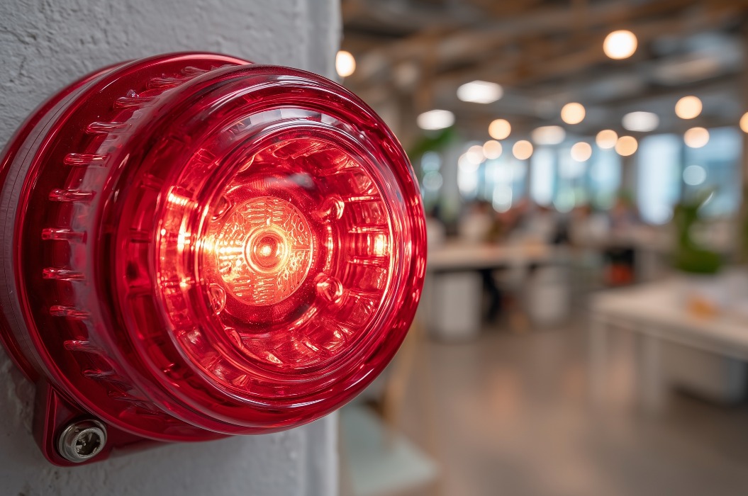 Rote Notfallwarnleuchte blinkt in einer modernen Büroeinrichtung vor dem Hintergrund eines verschwommenen Coworking-Space; Konzept zur Förderung des Sicherheitsbewusstseins im Bereich Büromanagement oder Gebäudemanagement