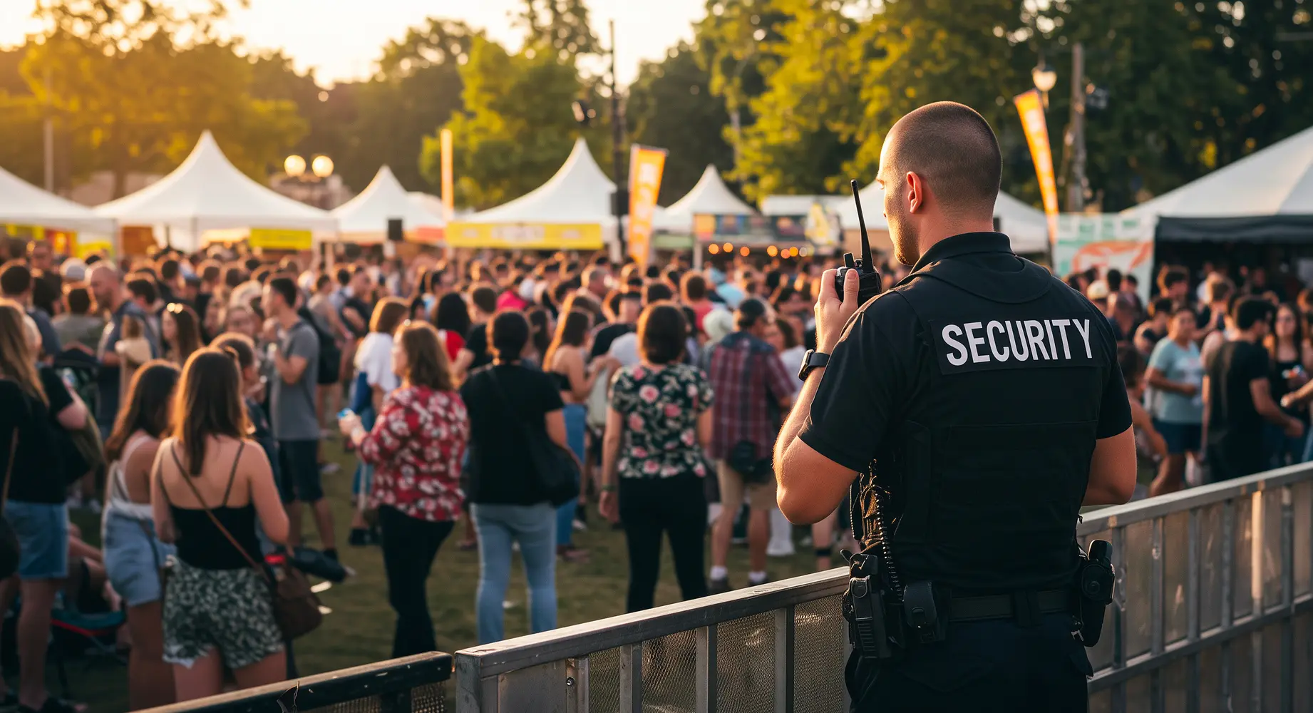 Ein Sicherheitsbeamter mit ernstem Blick überwacht ein bunt gekleidetes Festivalpublikum