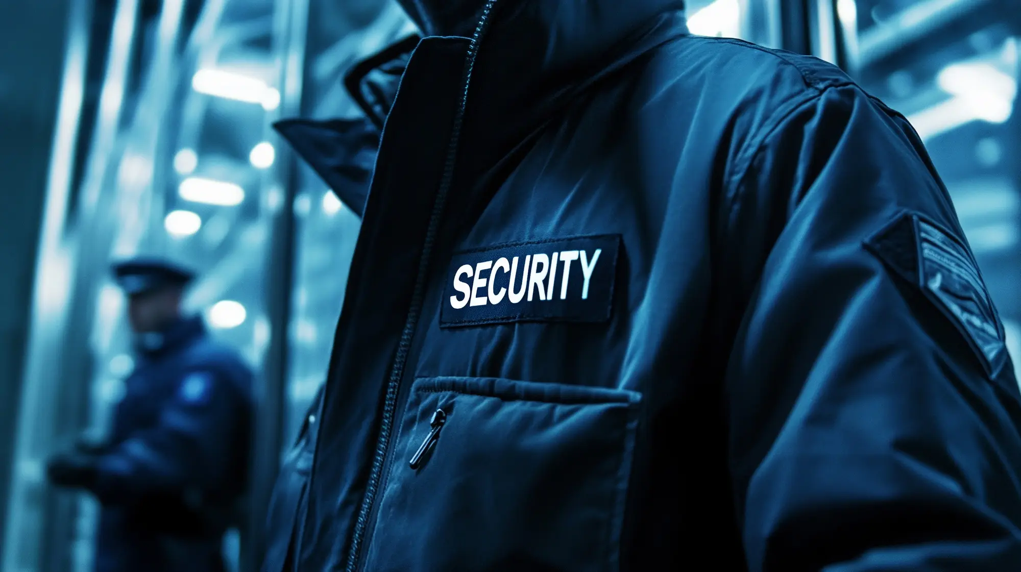 Ein Sicherheitsbeamter mit ernster Miene trägt eine dunkelblaue Jacke mit weißem SECURITY Schriftzug