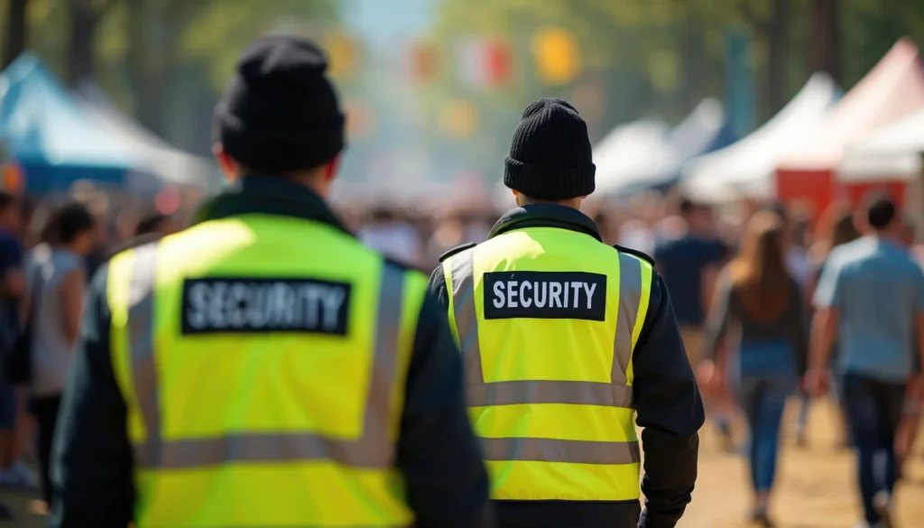 Zwei Sicherheitskräfte mit ernster Miene in gelben Westen auf einem lebhaften Fest